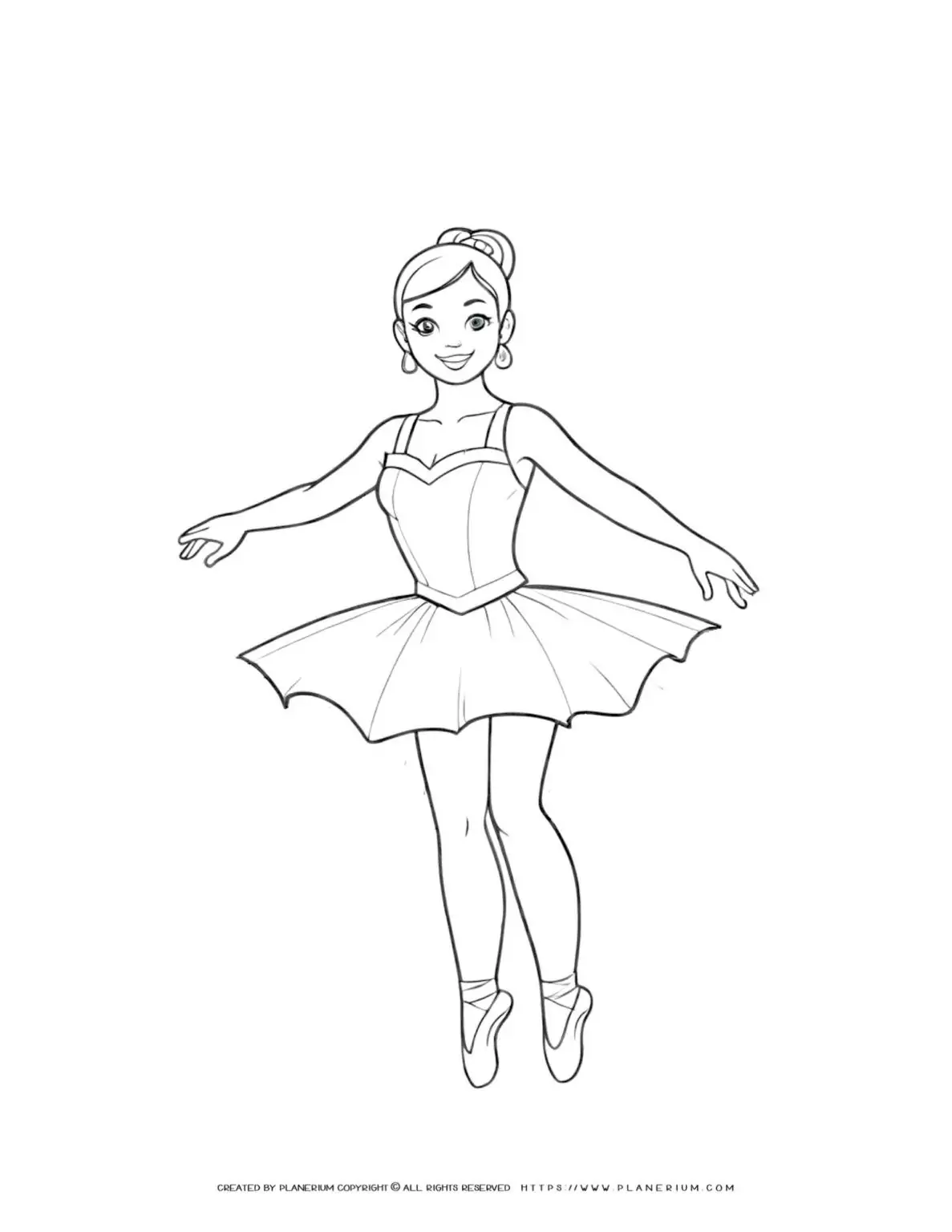 Ballerina coloring page with tutu and pointe shoes.
