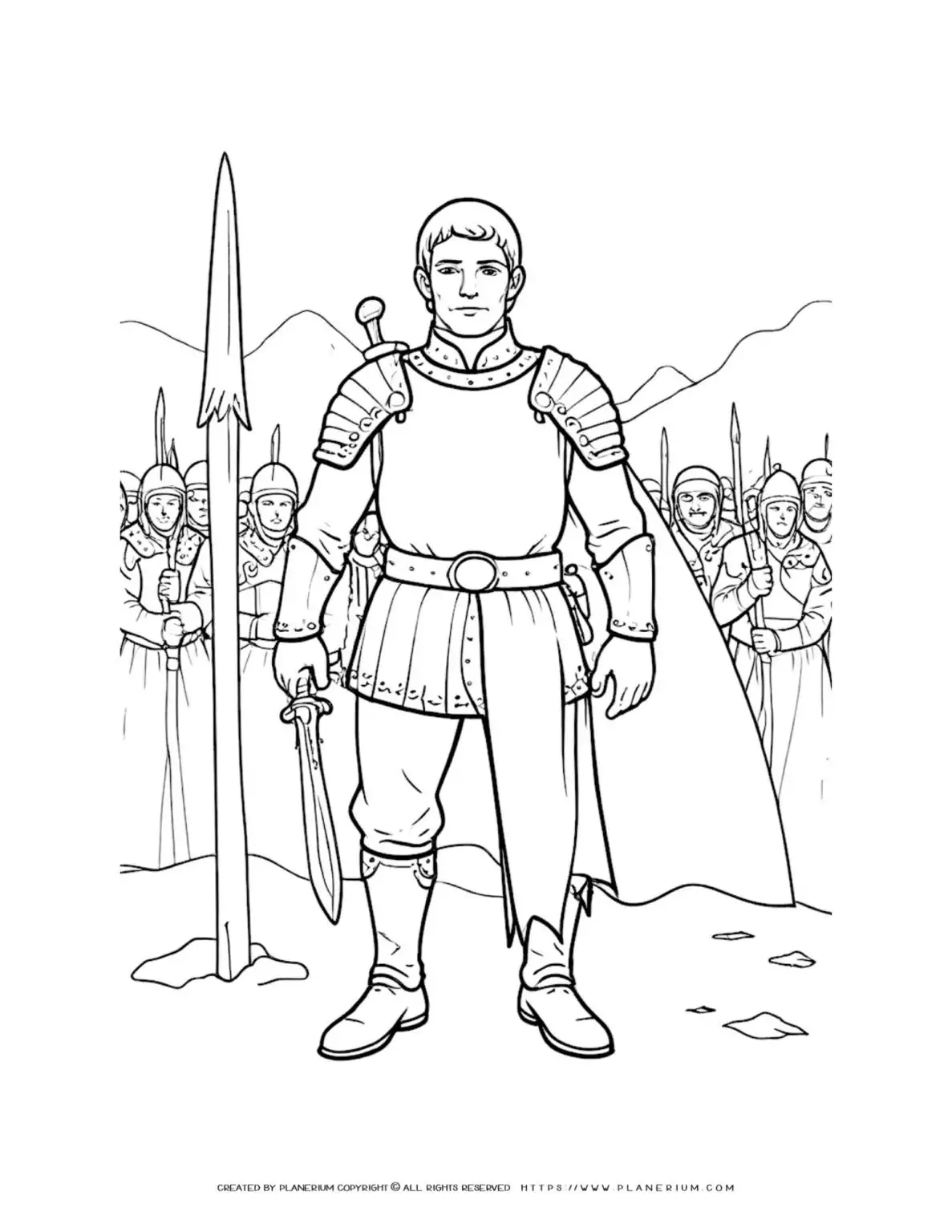 Coloring page illustration of a young commander leading an army in battle. Perfect for kids who love military and strategy games.