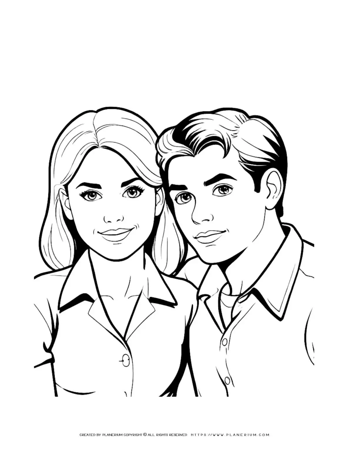 Black and white illustration of a couple smiling.