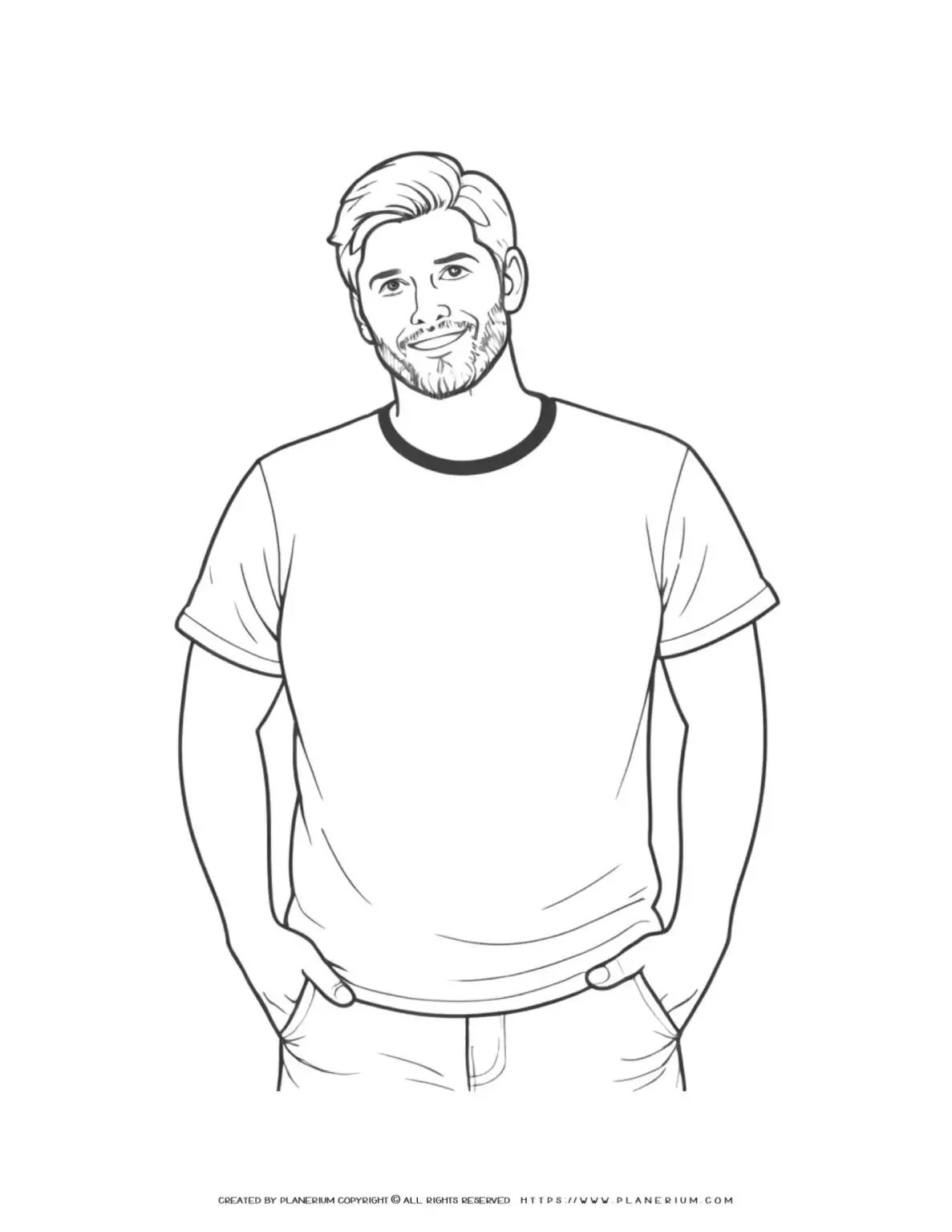 Outline coloring page of a young, happy male with a beard standing confidently with hands in jeans pockets. Ideal for relaxation and creativity.