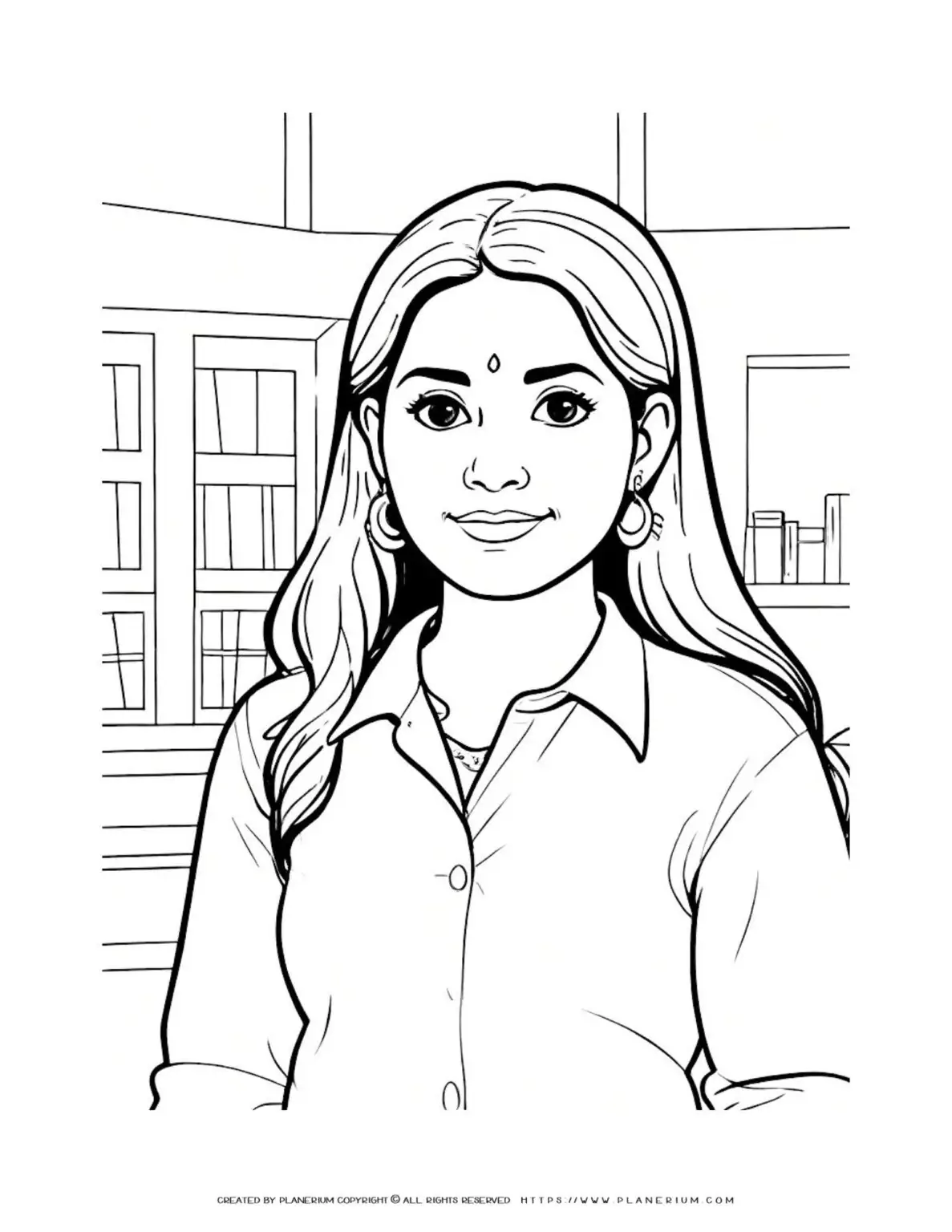 Illustration of a young Indian woman's torso in an indoor setting. Background coloring page with cultural elements. Ideal for art projects.