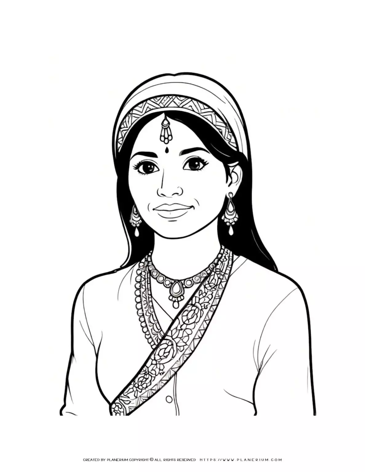 Indian woman in traditional clothing coloring page illustration for kids, perfect for cultural education and creativity.