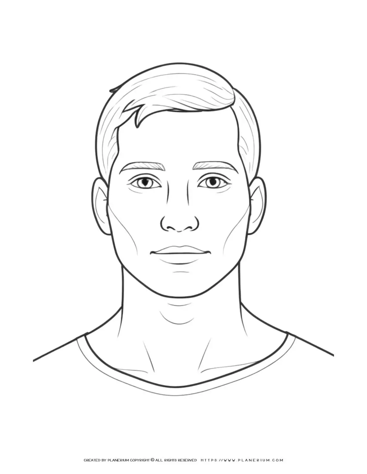 Black and white outline coloring page of a young male portrait for kids. Perfect for art projects and creative activities.