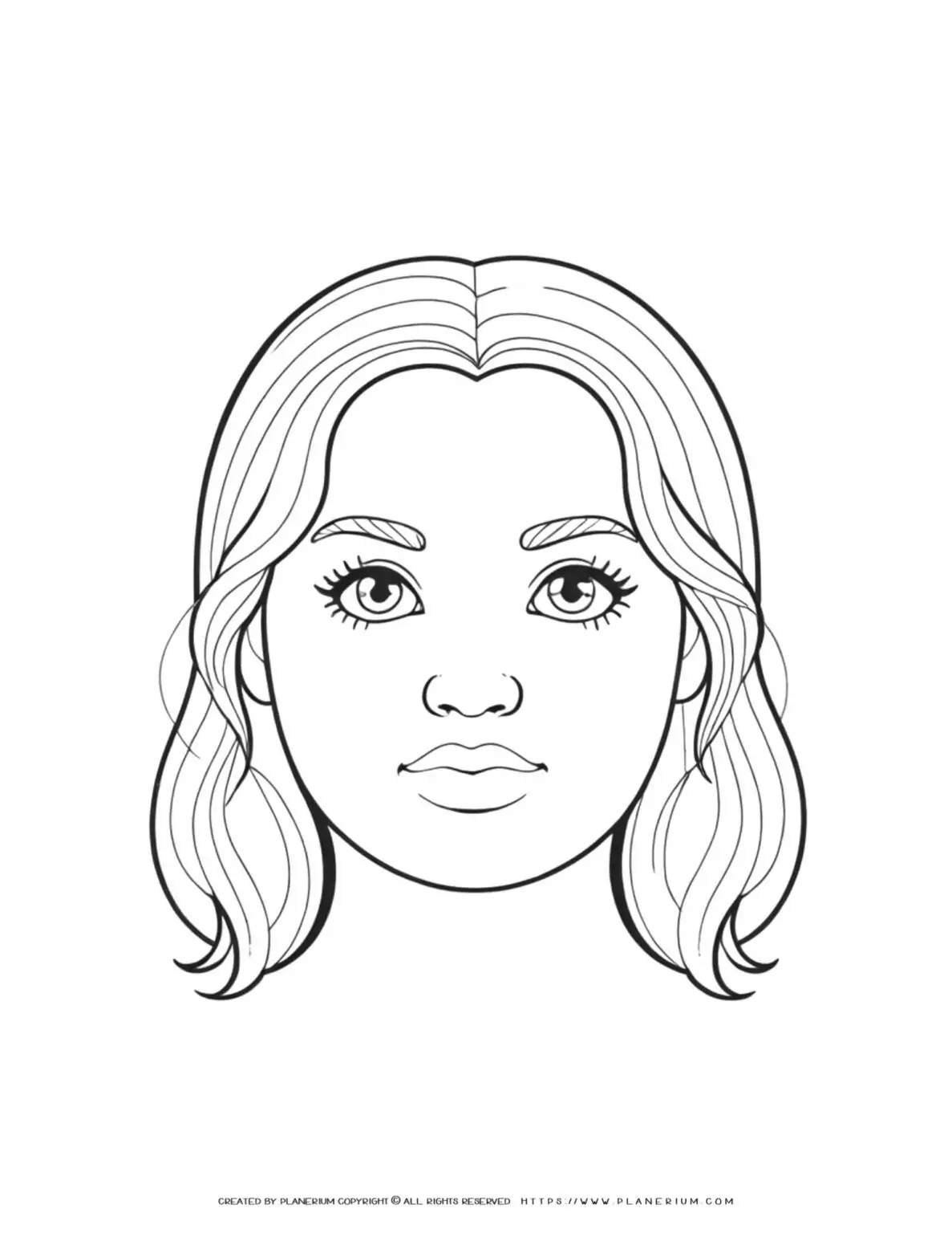 Illustration of a young woman's face outline for coloring. Perfect for art projects and relaxation.