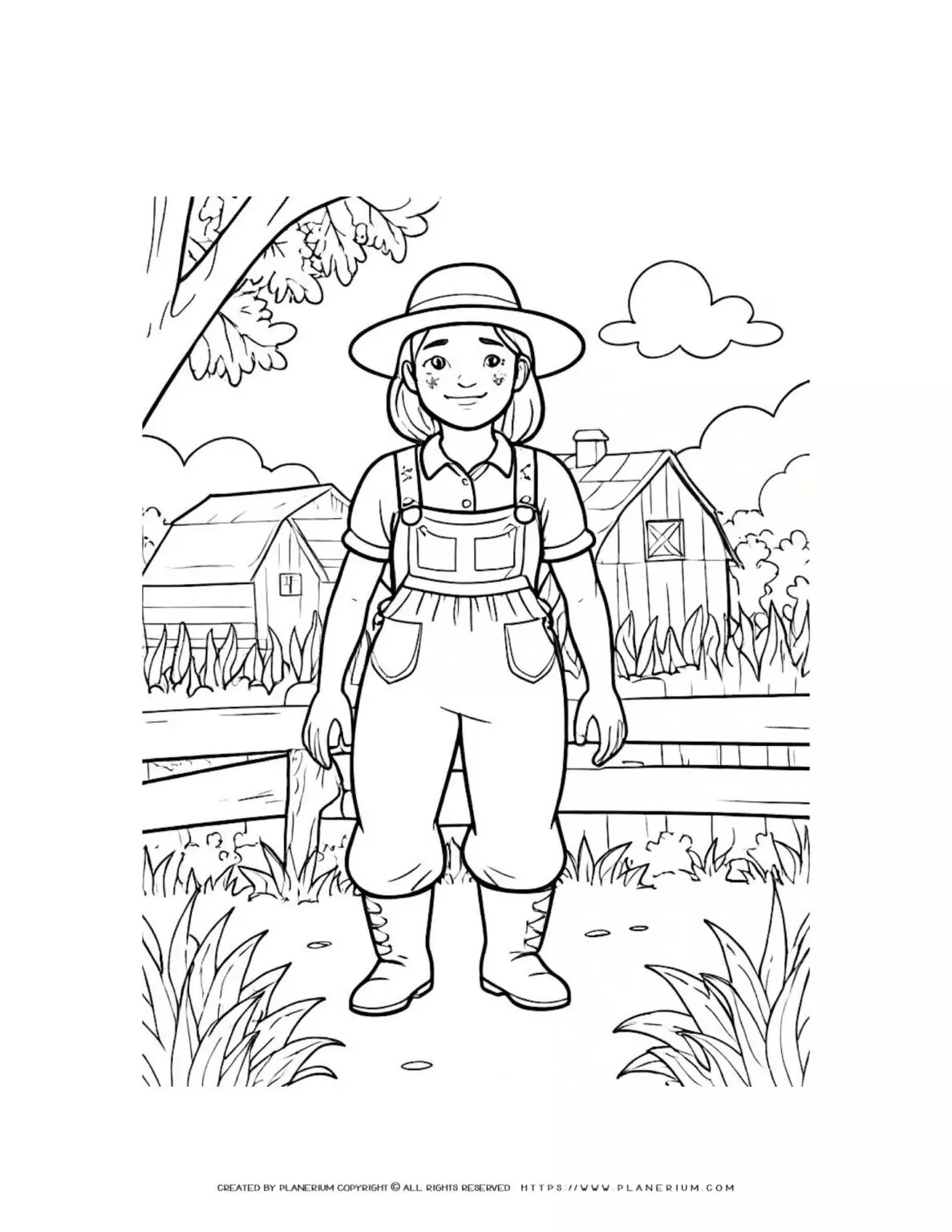 Female farmer working on farm coloring page for kids. Agricultural activities illustration for children. Educational and fun coloring sheet.