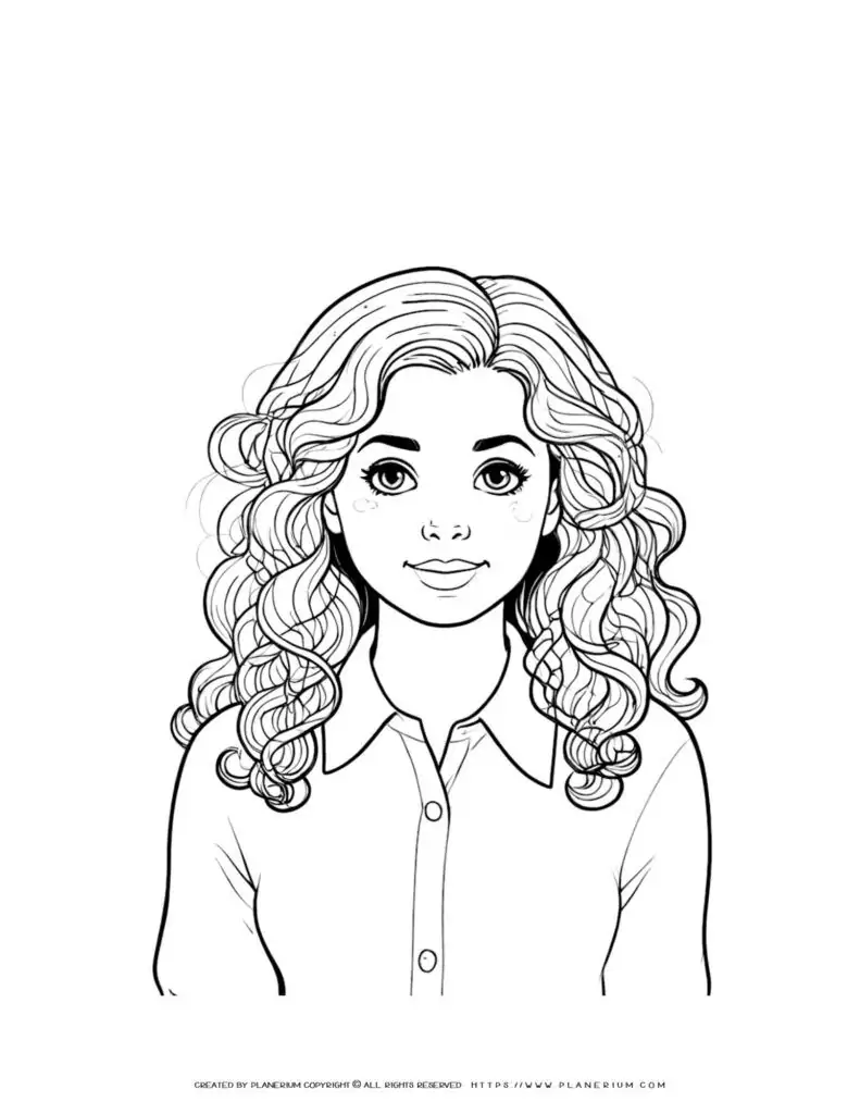 Illustration of a young woman's torso with curly hair in a front view. Coloring page for all ages. Ideal for art projects and relaxation.
