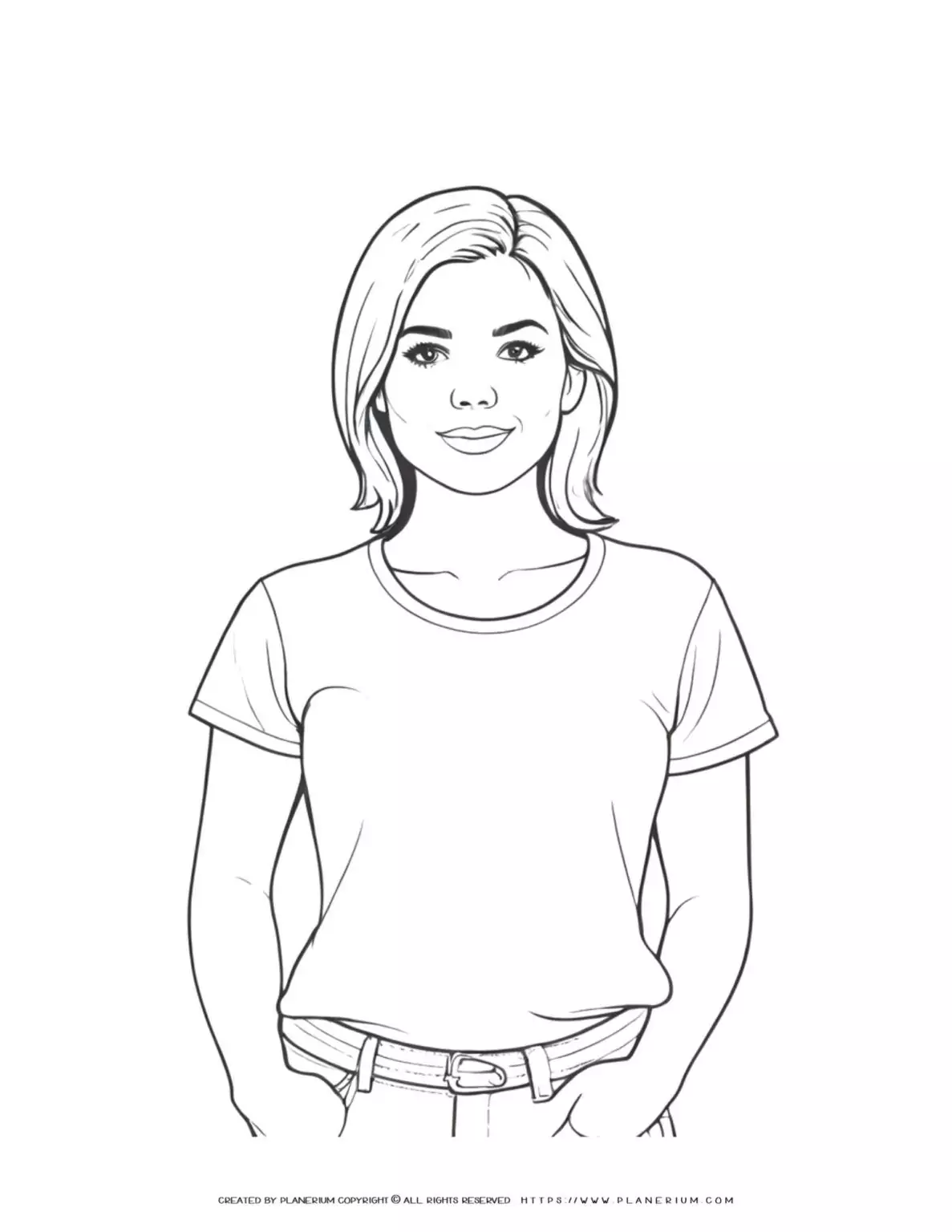Illustration of a young woman's torso with long hair for coloring page enthusiasts. Perfect for art therapy and relaxation.
