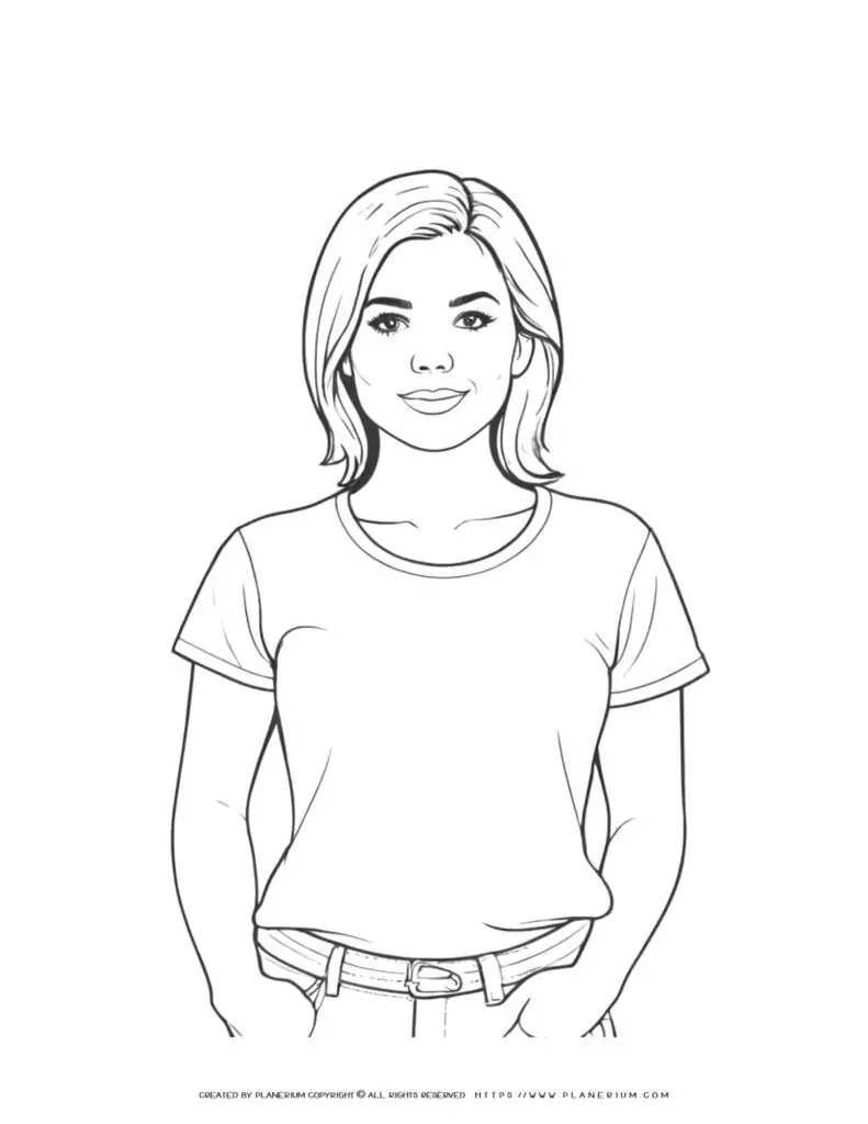 Illustration of a young woman's torso with long hair for coloring page enthusiasts. Perfect for art therapy and relaxation.