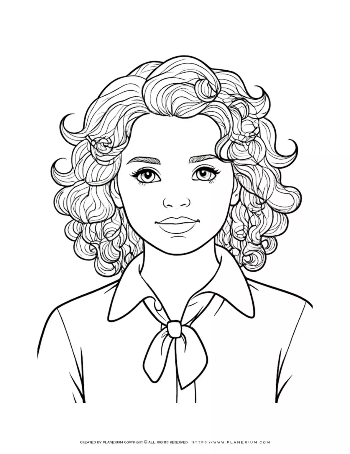 Coloring page of a young woman with curly hair, front view. Ideal for art therapy and relaxation. Perfect for all ages.