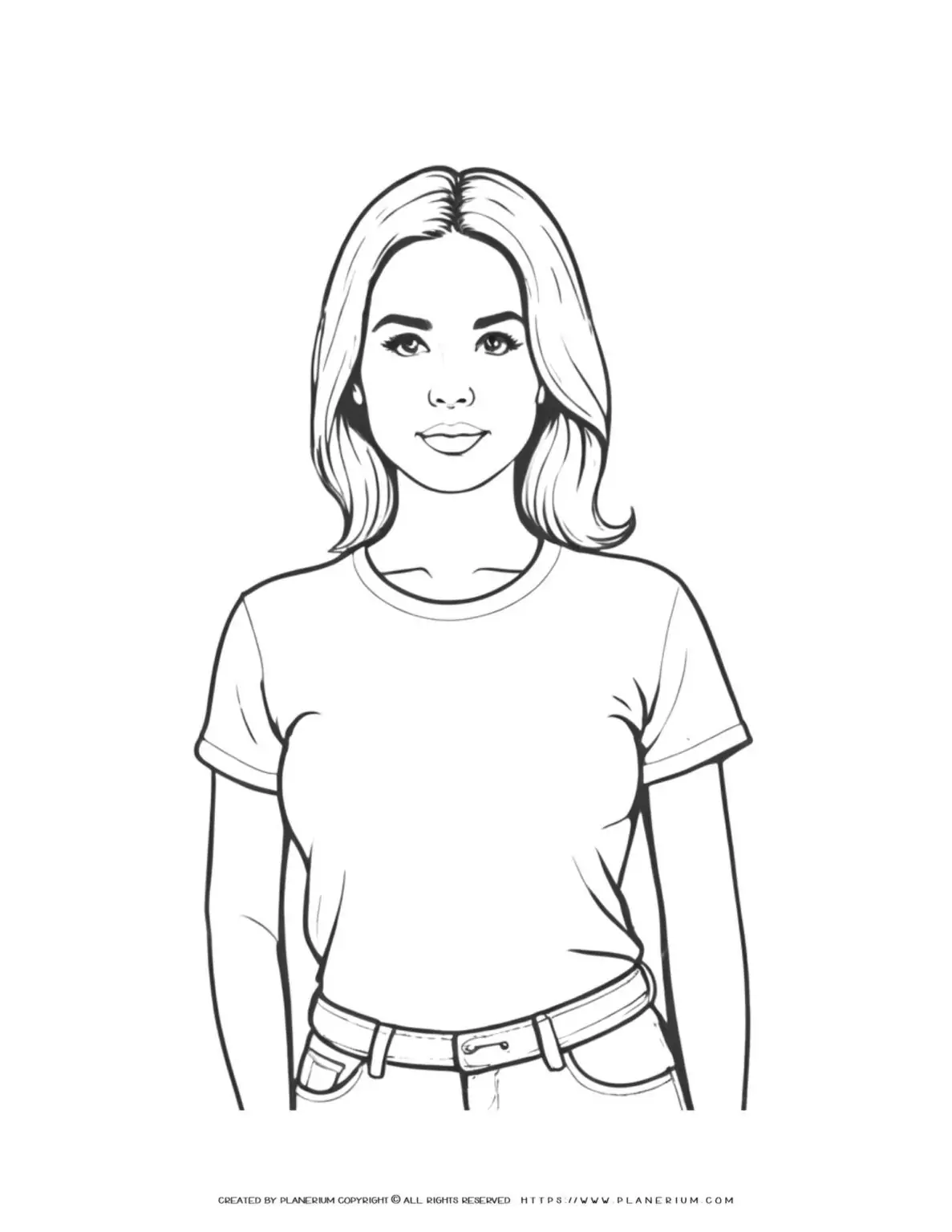 Illustration of a stylish young woman in a dress with a belt, perfect for coloring. Ideal for fashion enthusiasts and art lovers.