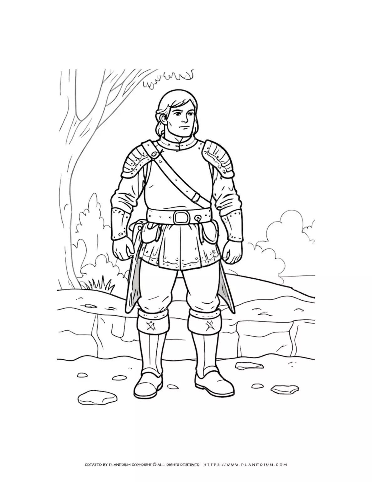 Knight in armor coloring page illustration set in a forest scene for kids. Perfect for creative play and learning about medieval history.