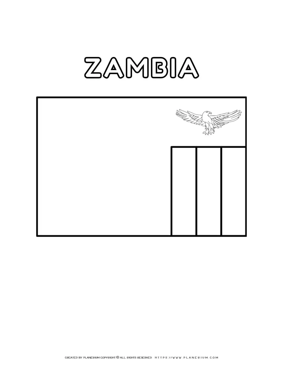 Zambia flag coloring page for kids to learn about African countries. Printable activity sheet with national flag of Zambia for educational use.