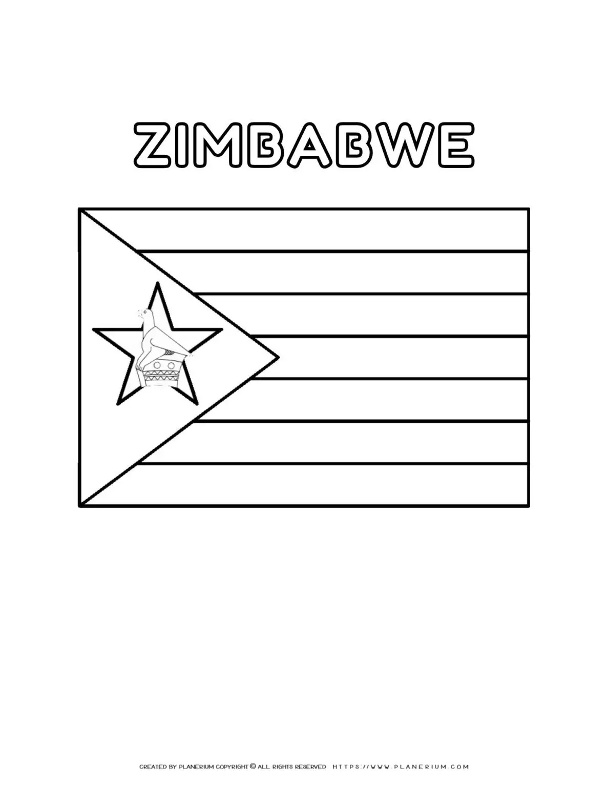 Zimbabwe flag coloring page for kids to learn about national symbols and colors. Perfect for educational activities and patriotic celebrations.