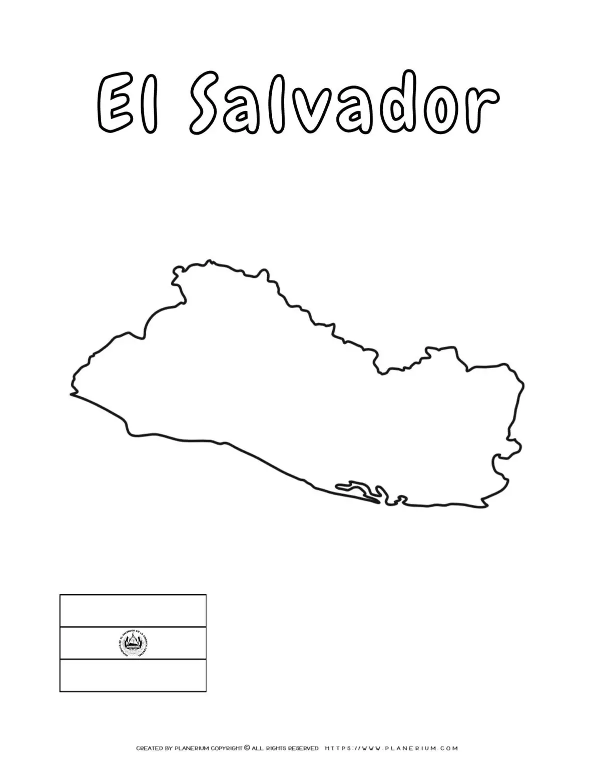 Outline map of El Salvador and flag.