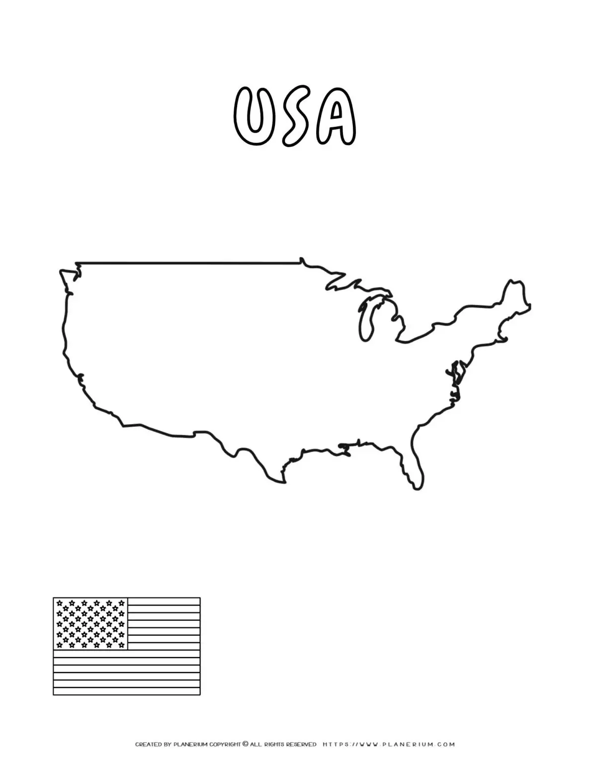 USA map outline and flag coloring page.