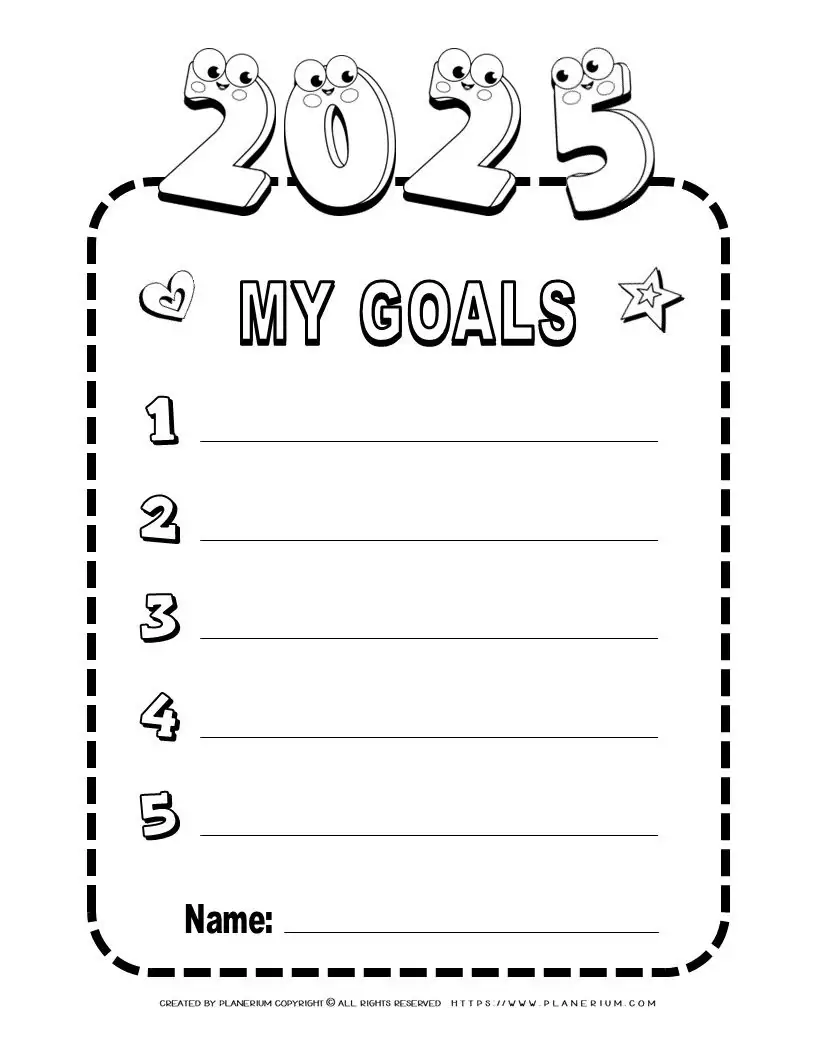 2025 goals list template with five entries.