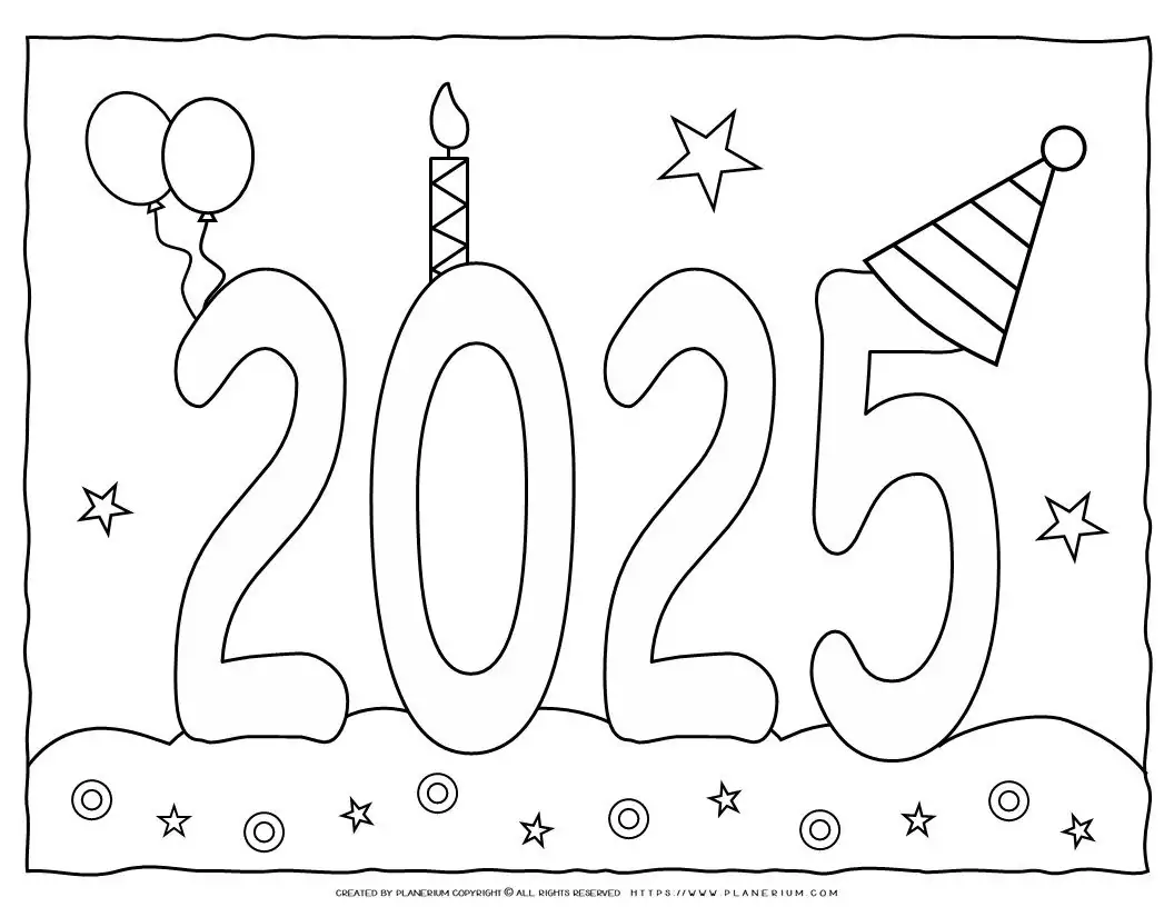 Coloring page with 2025, balloons, stars, and candle.