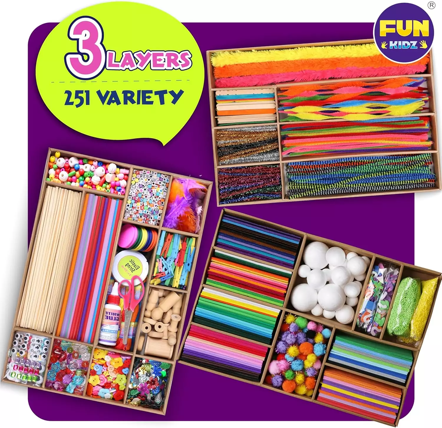 "Three-layer jumbo craft supply chest ideal for classrooms; features ample storage for 1600 essentials, promoting colorful organization."