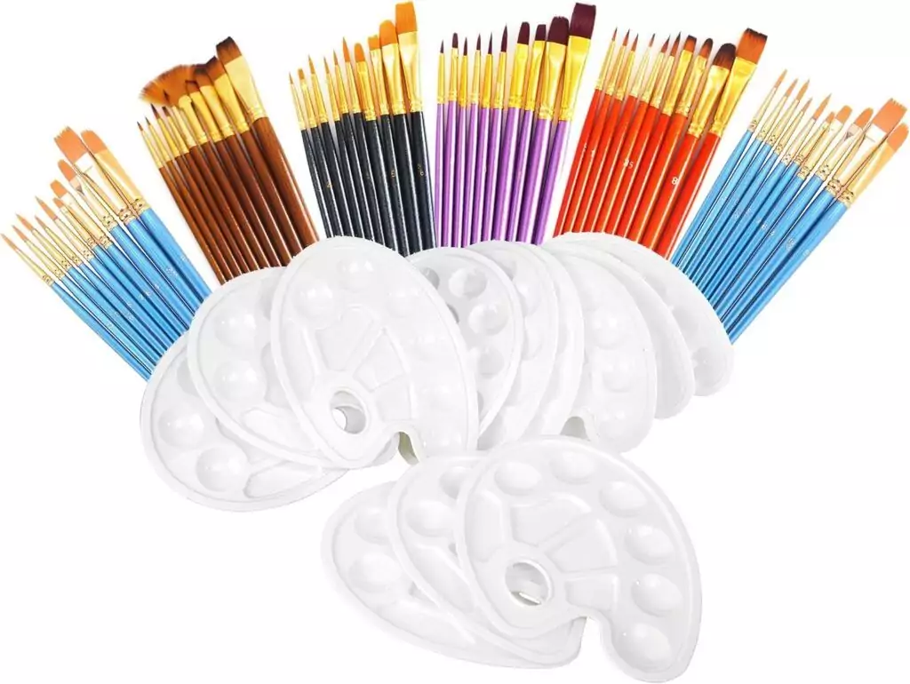 72-piece classroom craft supplies set featuring paintbrushes and palettes for kids and adults, ideal for art projects and creative activities.