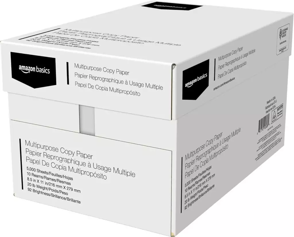 High-quality Amazon Basics copier paper designed for printers, providing excellent print clarity and smooth operation for all your printing needs.