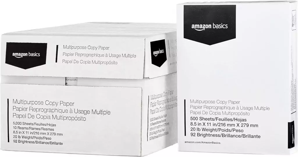 Amazon Basics premium copier paper for printers, ideal for high-quality printing needs, offering reliability and exceptional performance.