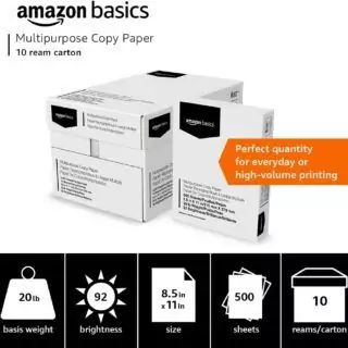 High-quality Amazon Basics printing paper ensures crisp, clear prints for all office and home needs, ideal for documents, reports, and presentations.