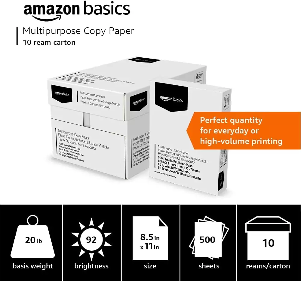 High-quality Amazon Basics printing paper ensures crisp, clear prints for all office and home needs, ideal for documents, reports, and presentations.