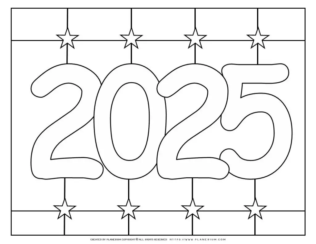 2025 New Year Coloring Page with Large 2025 Numbers and Star Grid Background