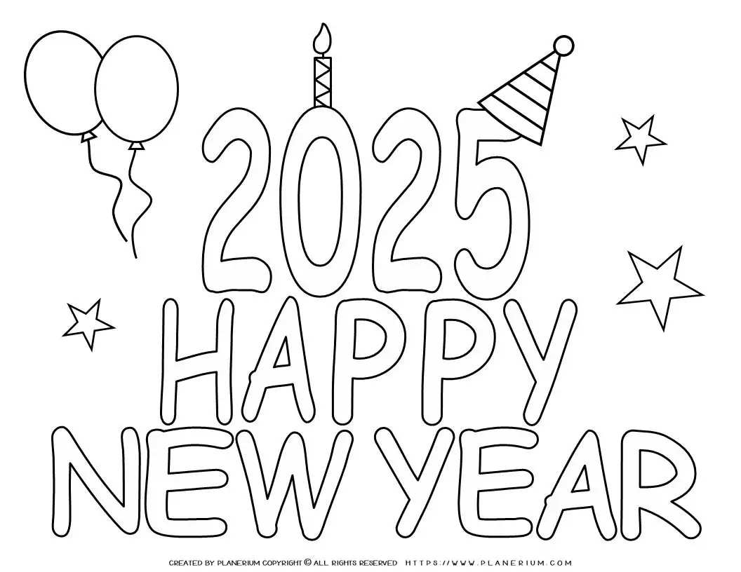 2025 Happy New Year coloring page with decorations