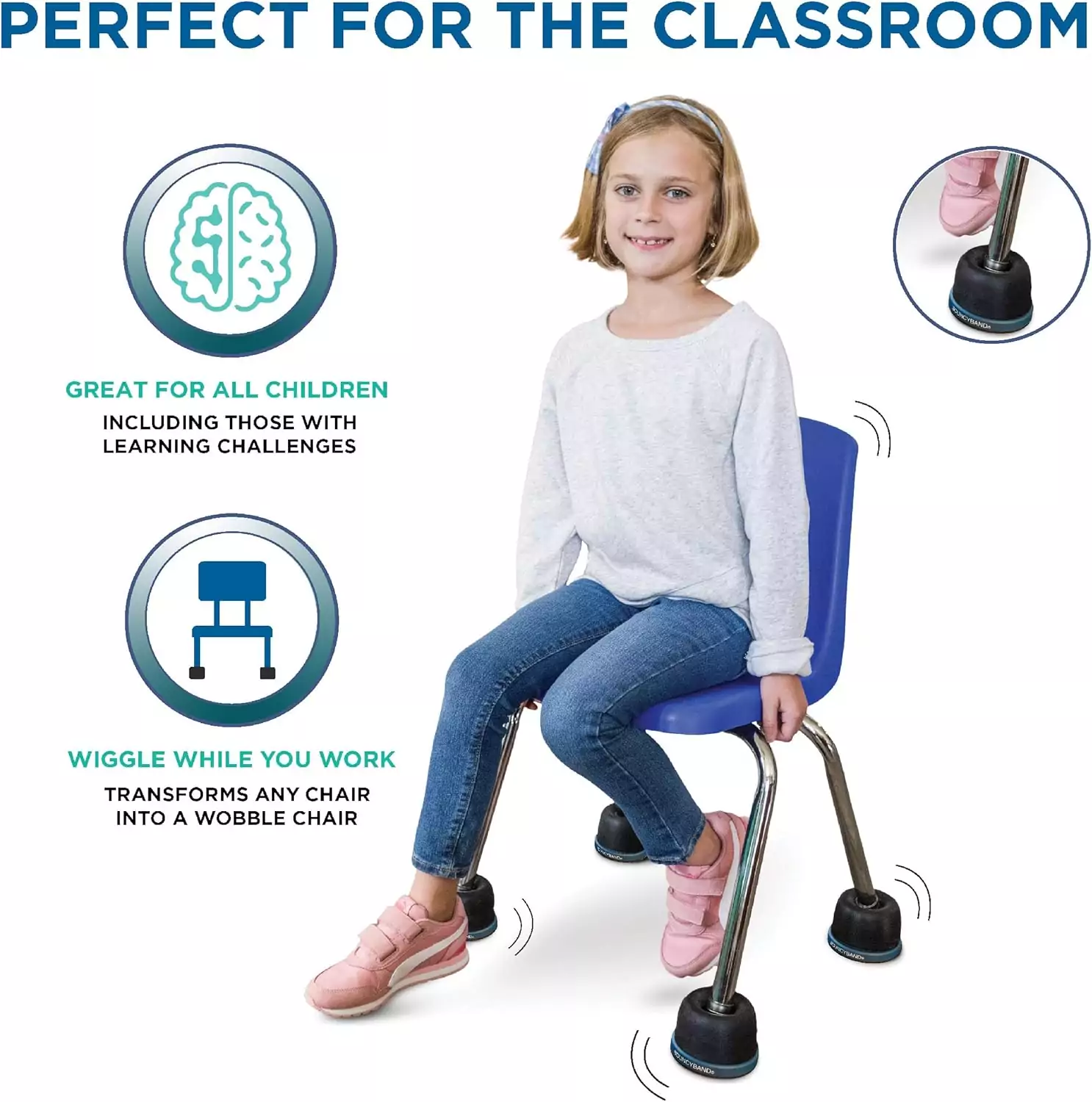 Bouncyband Wobble Feet Chair Converter: Enhance classroom experience with this fun, active seating solution promoting focus in students.