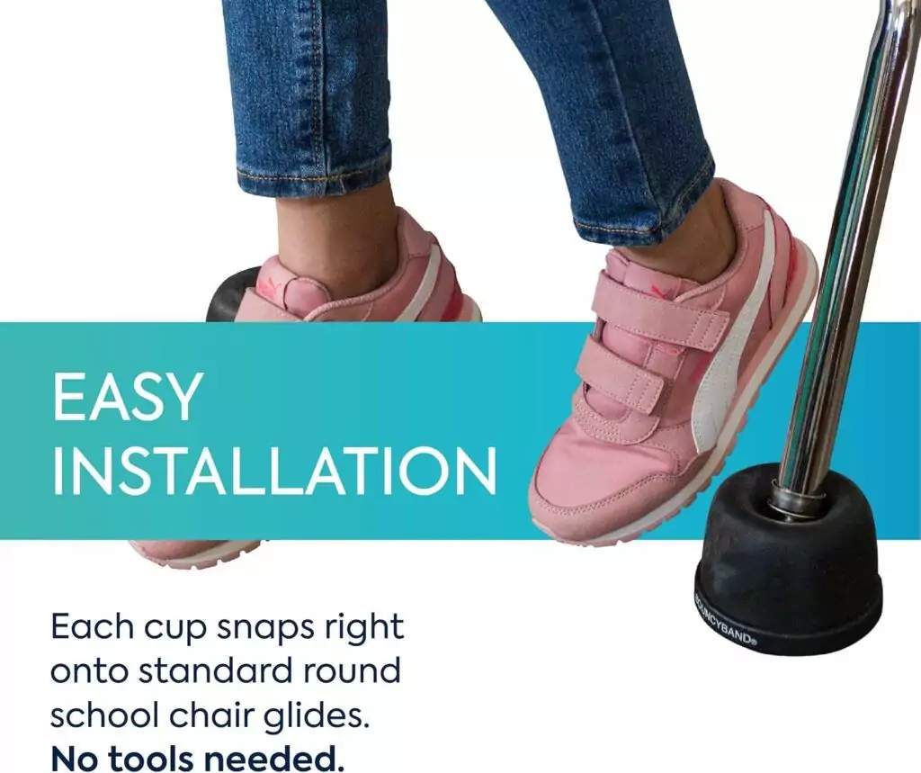 Enhance classroom engagement with the Bouncyband Wobble Feet Conversion Kit for chairs, designed to promote active sitting and improve focus.