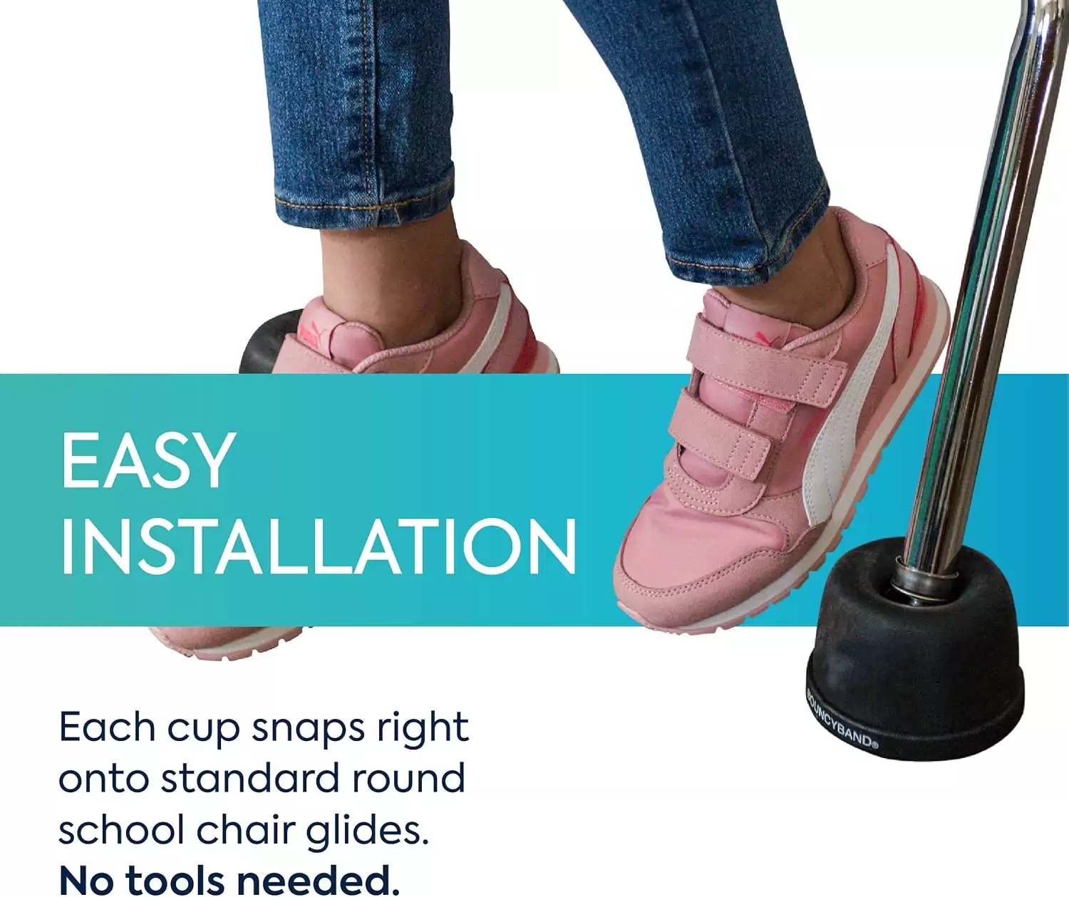 Enhance classroom engagement with the Bouncyband Wobble Feet Conversion Kit for chairs, designed to promote active sitting and improve focus.