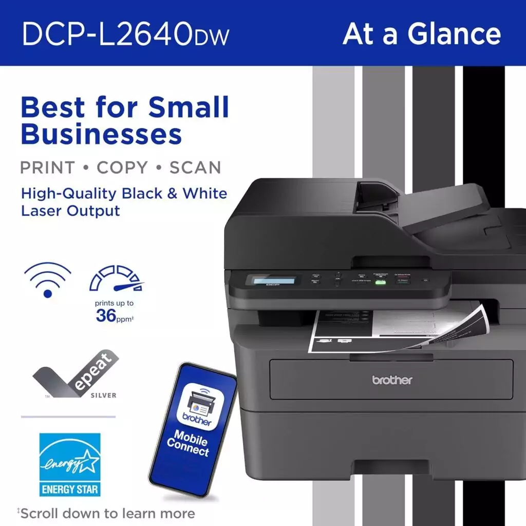 Compact Brother DCP-L2640DW wireless mono multifunction laser printer, ideal for educators needing reliable print, copy, and scan functionality in classrooms.