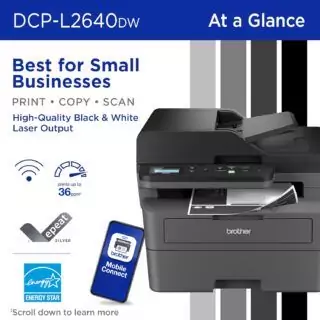 Compact Brother DCP-L2640DW wireless mono multifunction laser printer, ideal for educators needing reliable print, copy, and scan functionality in classrooms.