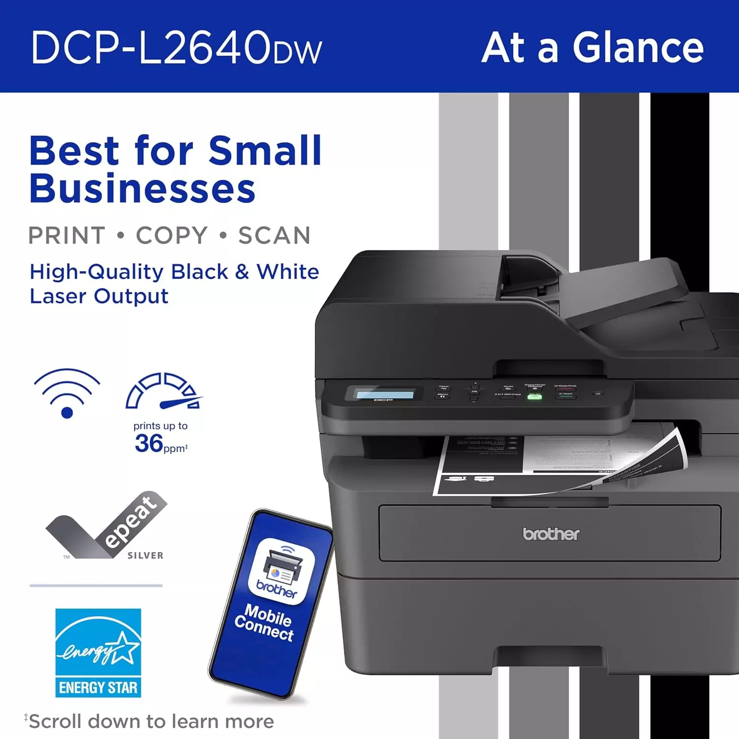 Compact Brother DCP-L2640DW wireless mono multifunction laser printer, ideal for educators needing reliable print, copy, and scan functionality in classrooms.