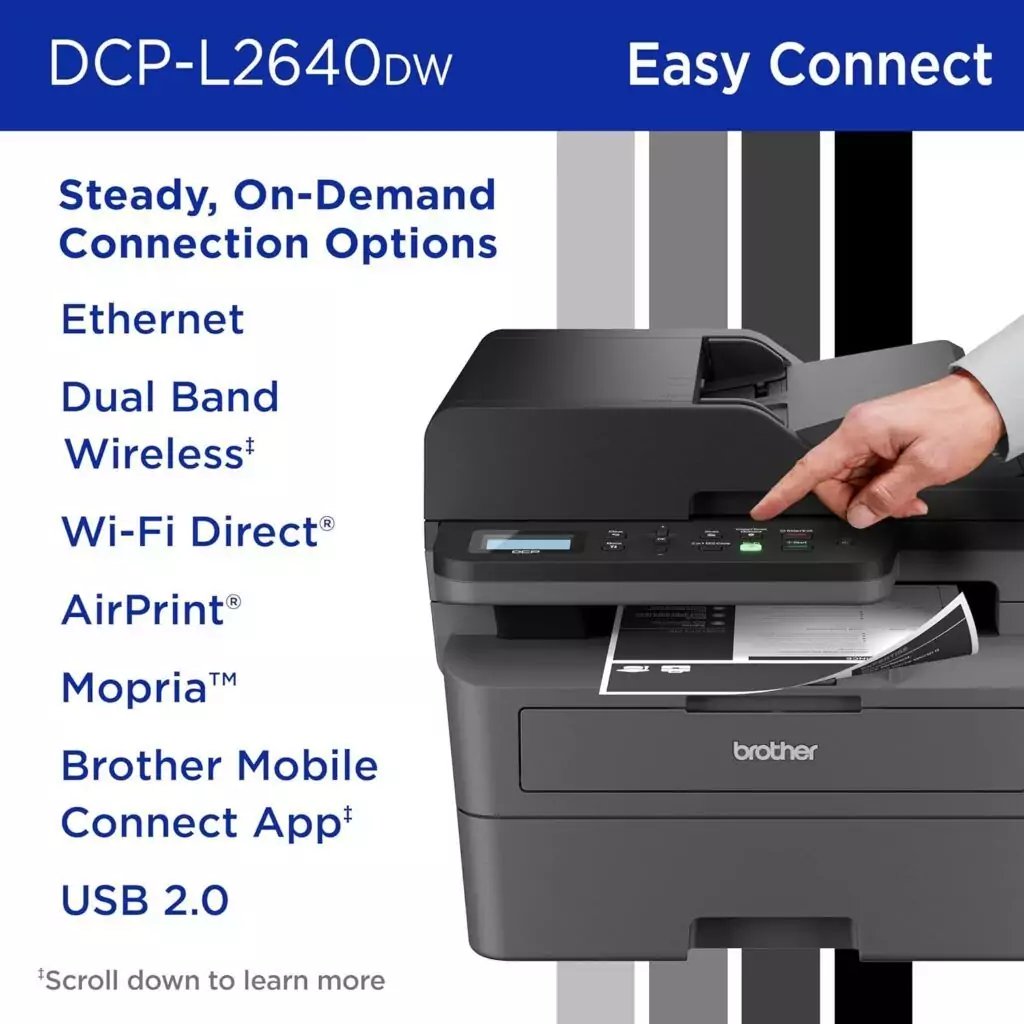 Brother DCP L2640DW wireless compact mono multifunction laser printer for educators, ideal for print, copy, and scan needs in classroom settings.