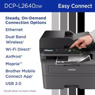 Brother DCP L2640DW wireless compact mono multifunction laser printer for educators, ideal for print, copy, and scan needs in classroom settings.