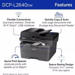 Brother DCP-L2640DW Wireless Compact Mono Laser Printer ideal for educators; reliable print, copy, and scan solution for classroom and office use.