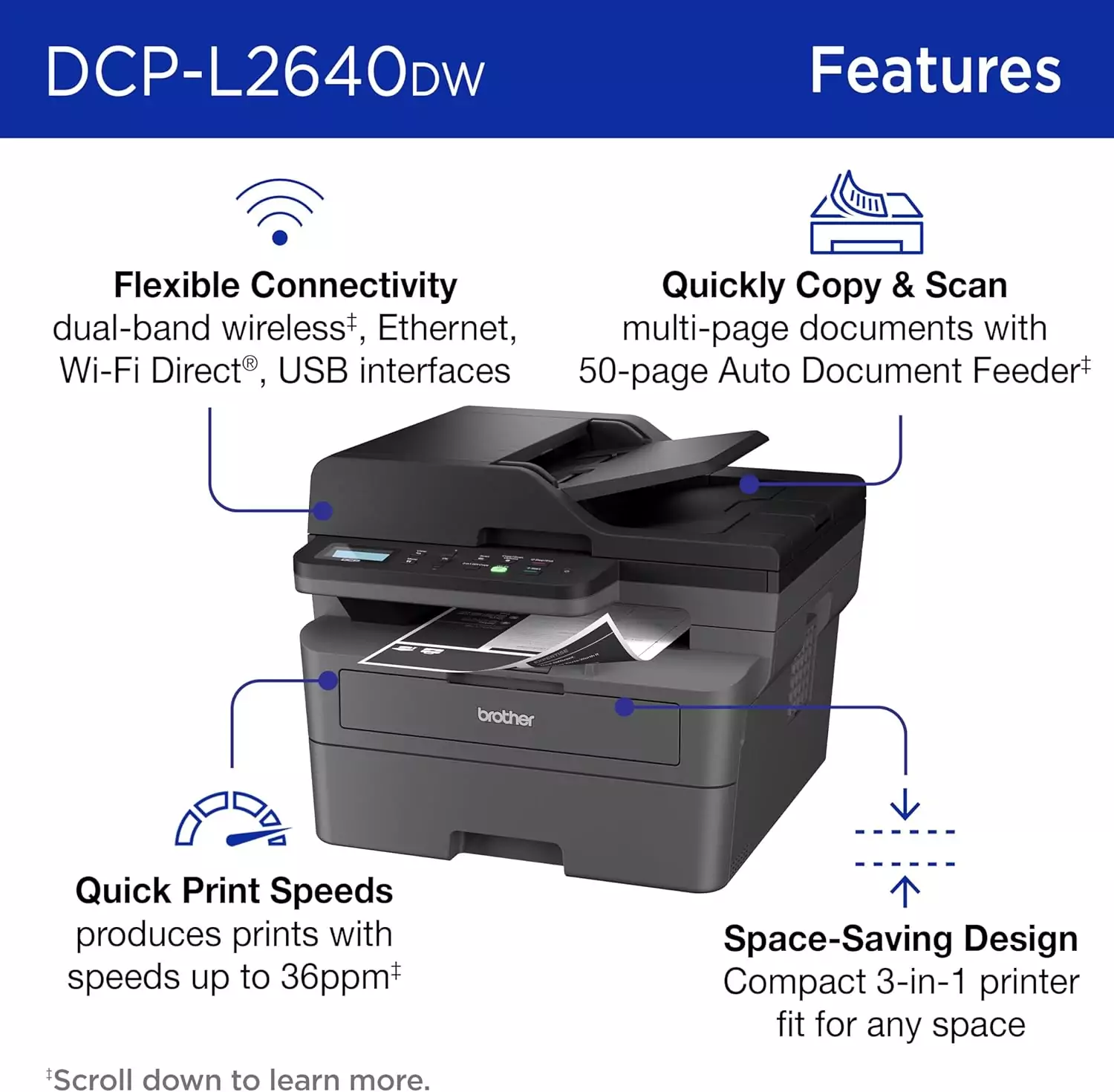 Brother DCP-L2640DW Wireless Compact Mono Laser Printer ideal for educators; reliable print, copy, and scan solution for classroom and office use.