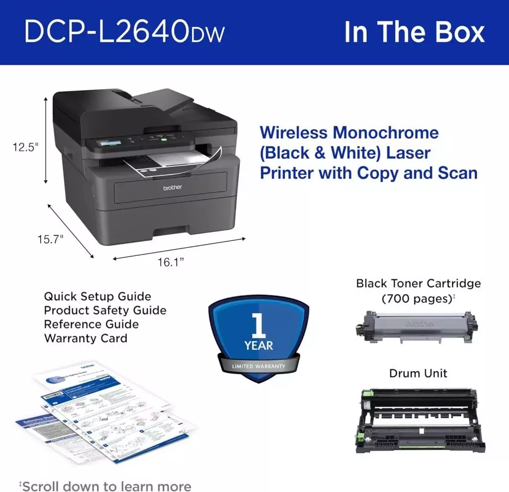Brother DCP-L2640DW Wireless Mono Laser Printer: Ideal for educators, this compact device offers reliable printing, copying, and scanning for classroom environments.