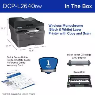 Brother DCP-L2640DW Wireless Mono Laser Printer: Ideal for educators, this compact device offers reliable printing, copying, and scanning for classroom environments.
