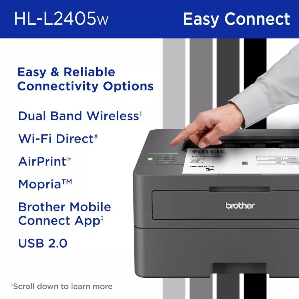Brother HL-L2405W Wireless Laser Printer ideal for classroom use; supports mobile printing, offering educators a reliable and efficient printing solution.