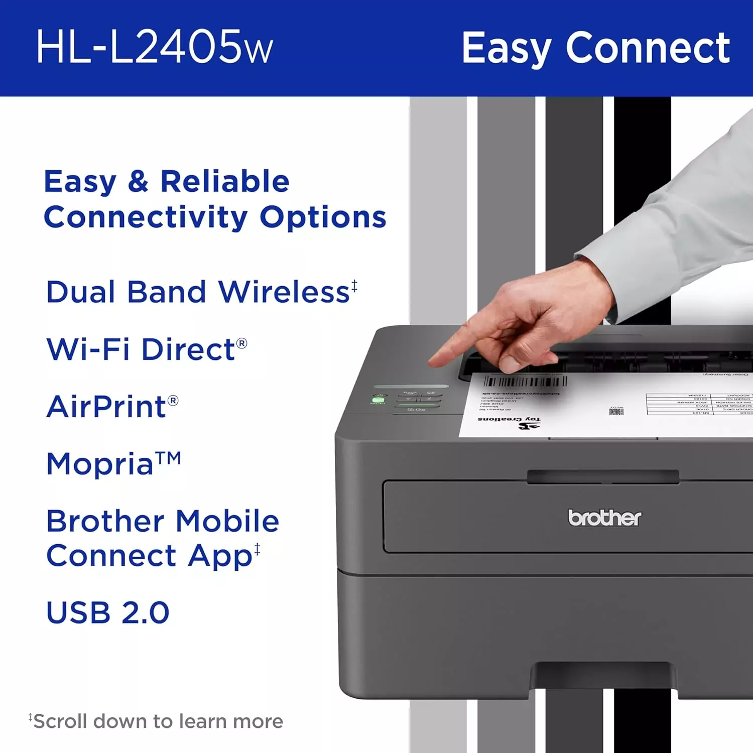 Brother HL-L2405W Wireless Laser Printer ideal for classroom use; supports mobile printing, offering educators a reliable and efficient printing solution.