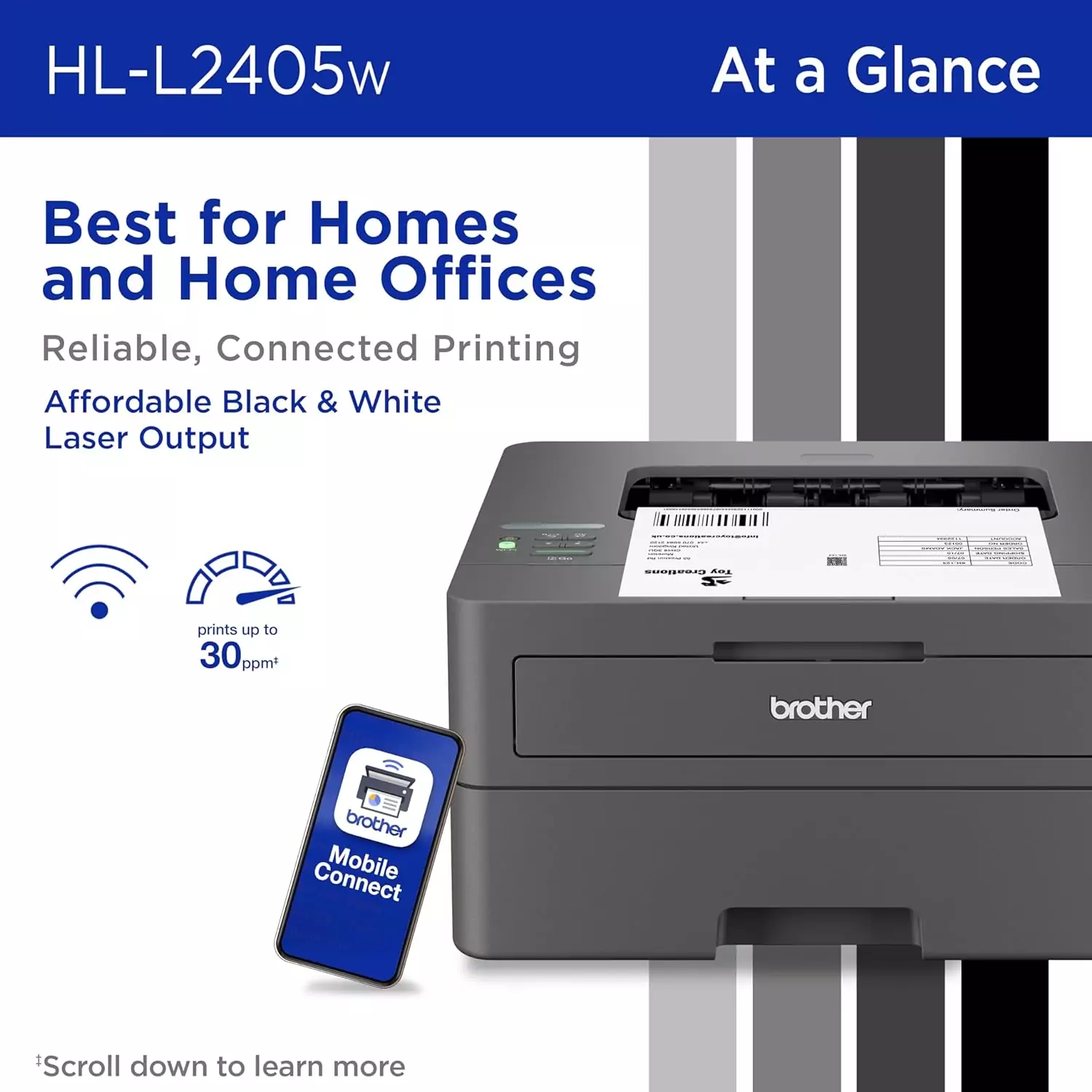 Brother HL-L2405W Wireless Monochrome Laser Printer ideal for classrooms; features mobile printing, enhancing educators