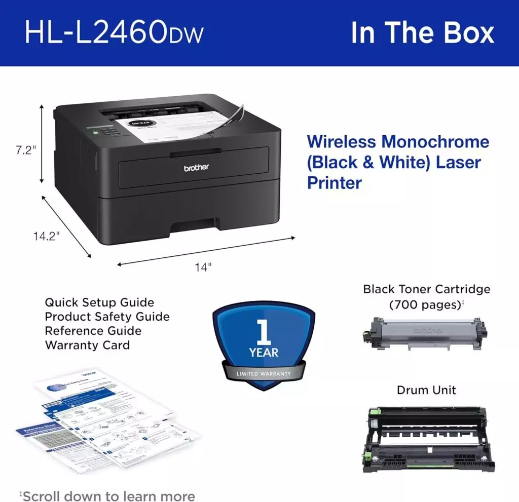Brother HL-L2460DW Wireless Monochrome Laser Printer, ideal for educators, supports duplex and mobile printing, perfect for classroom use.
