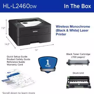 Brother HL-L2460DW Wireless Monochrome Laser Printer, ideal for educators, supports duplex and mobile printing, perfect for classroom use.