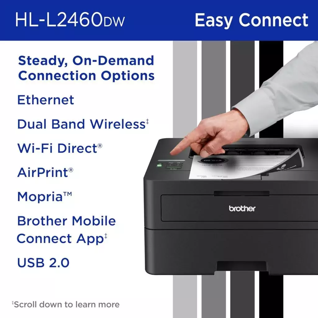 Wireless monochrome laser printer Brother HL-L2460DW with duplex capabilities, ideal for educators seeking efficient mobile printing in classrooms.