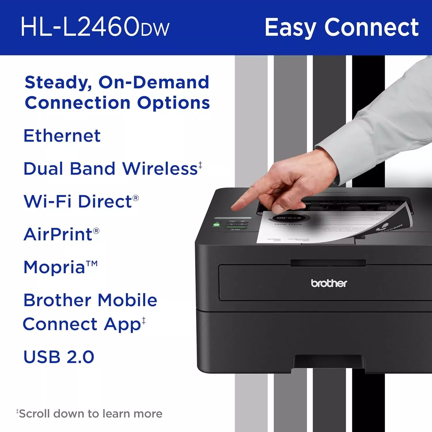 Wireless monochrome laser printer Brother HL-L2460DW with duplex capabilities, ideal for educators seeking efficient mobile printing in classrooms.