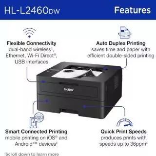 Brother HL L2460DW printer optimized for educators; wireless monochrome laser with duplex and mobile printing, ideal for efficient office setups.