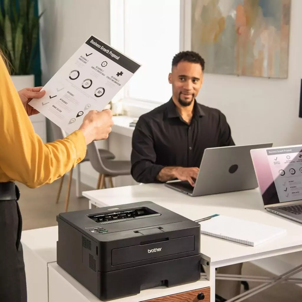 Brother HL-L2460DW wireless monochrome laser printer setup for educators, featuring duplex printing and mobile printing capabilities.